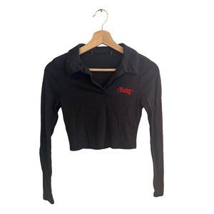 Long Sleve Collared V-Neck Black Crop Top Baby Embroidered Design Women's Size S